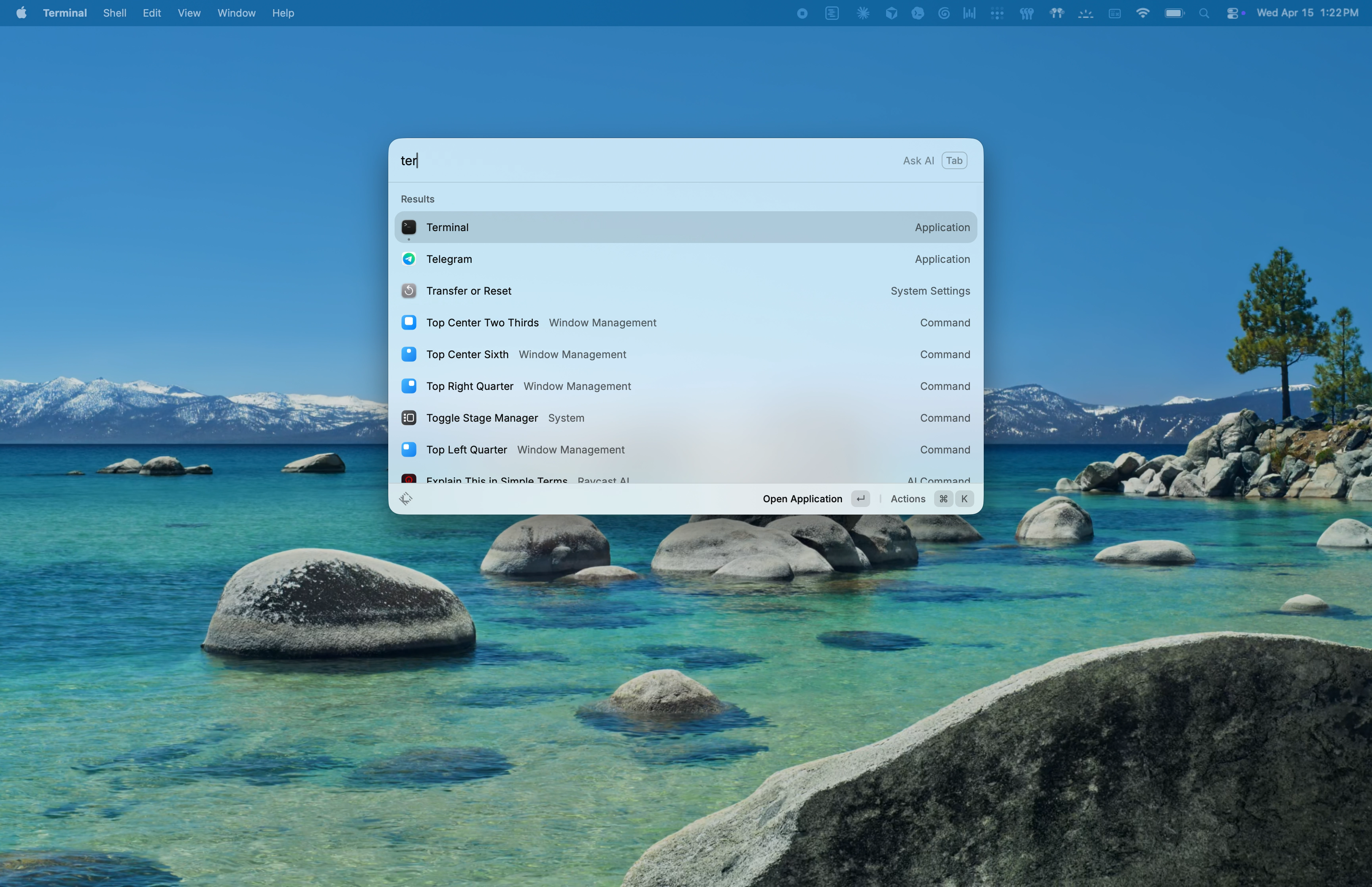 macOS Spotlight search window with "Terminal" typed into the search field