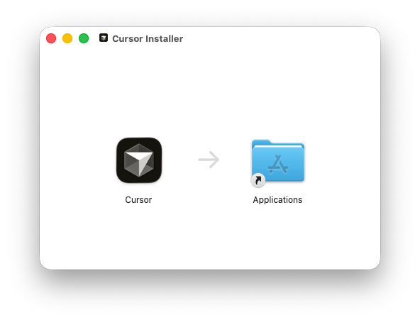 macOS Cursor installer window showing the Cursor icon being dragged into the Applications folder