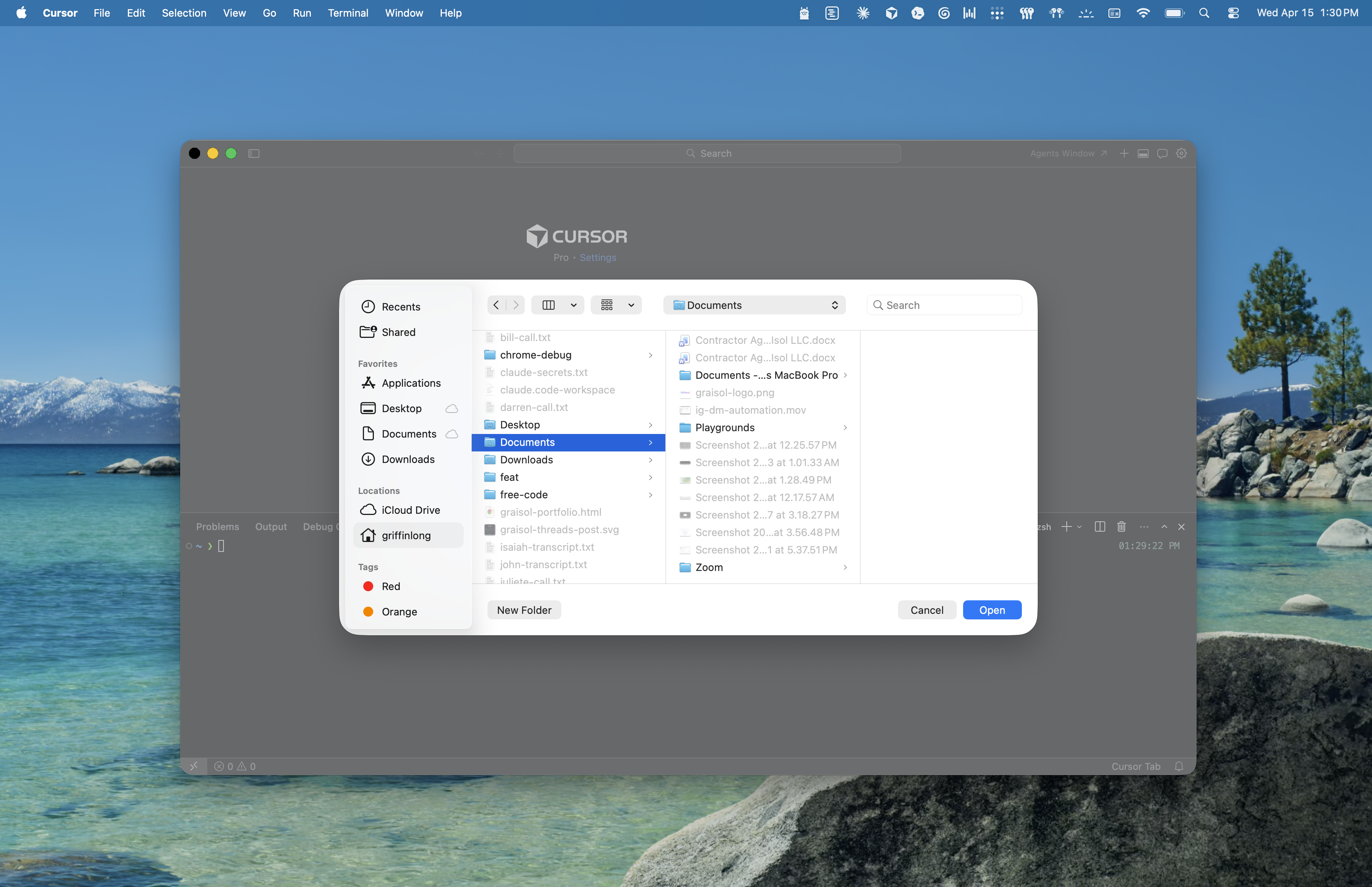 Cursor's Open Folder dialog with the Documents folder selected, ready to open it as a project