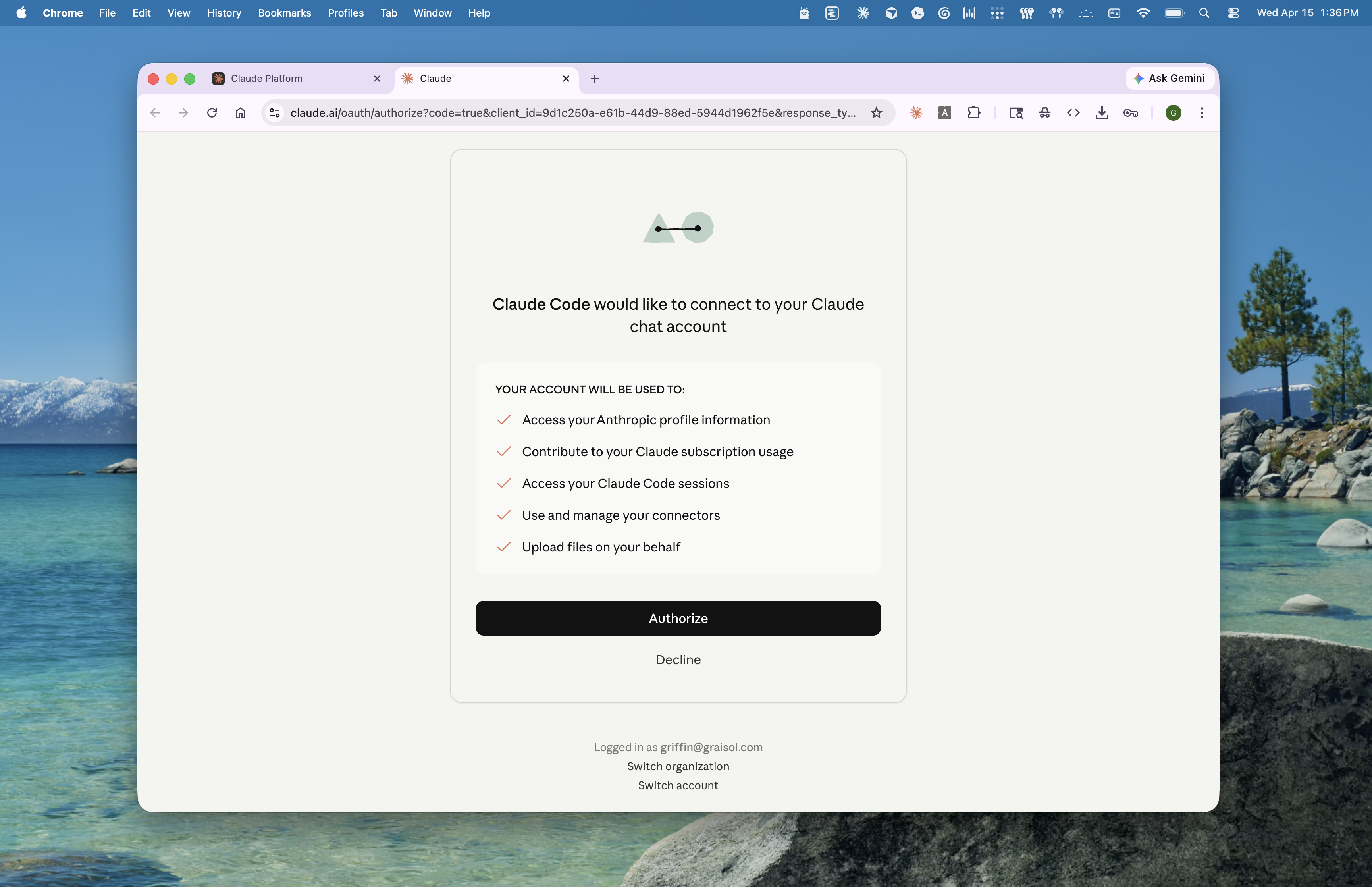 Browser OAuth consent screen asking to authorize Claude Code for your Anthropic account