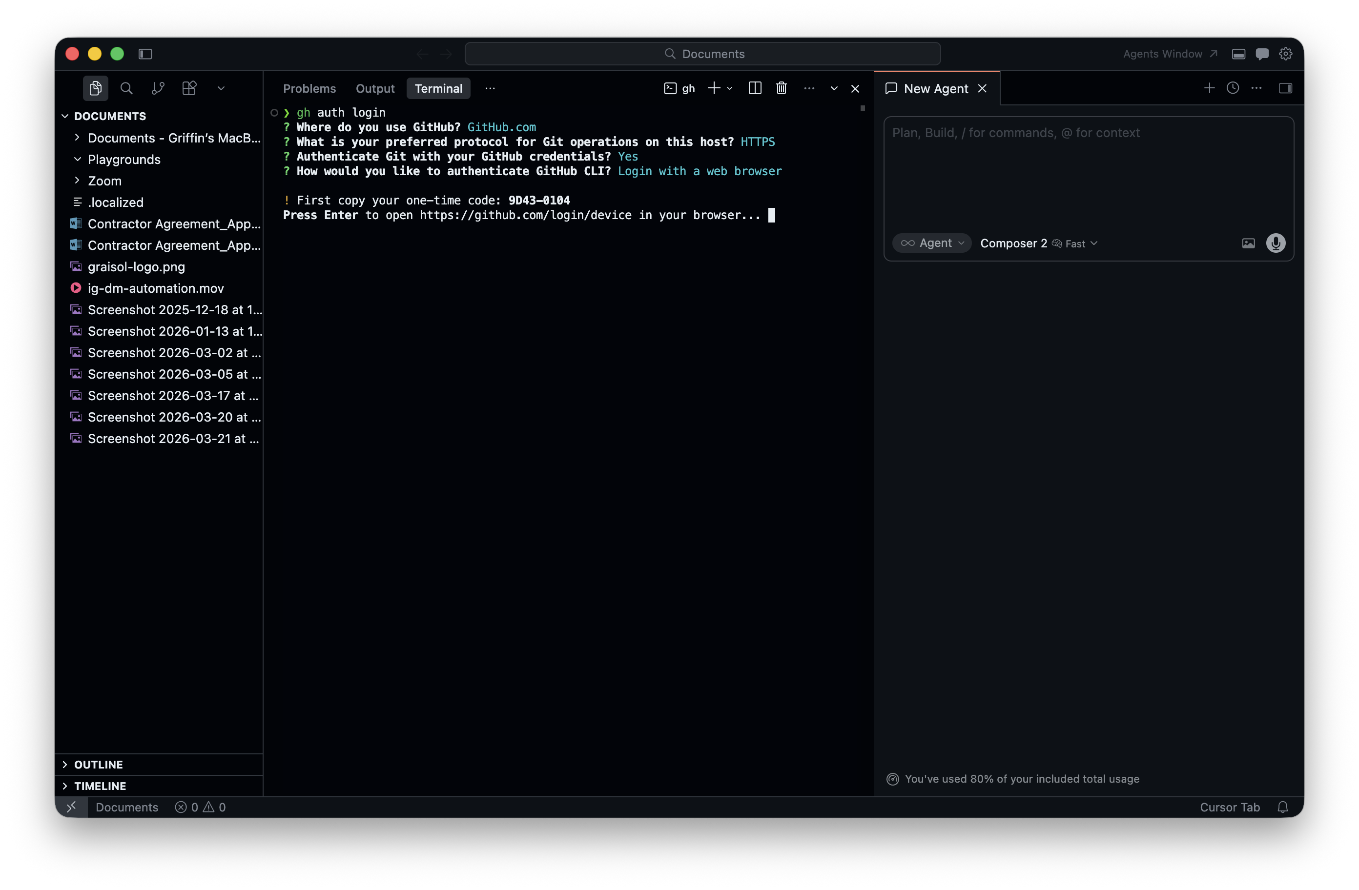 gh auth login interactive prompts in a terminal, showing the one-time code to paste into the browser