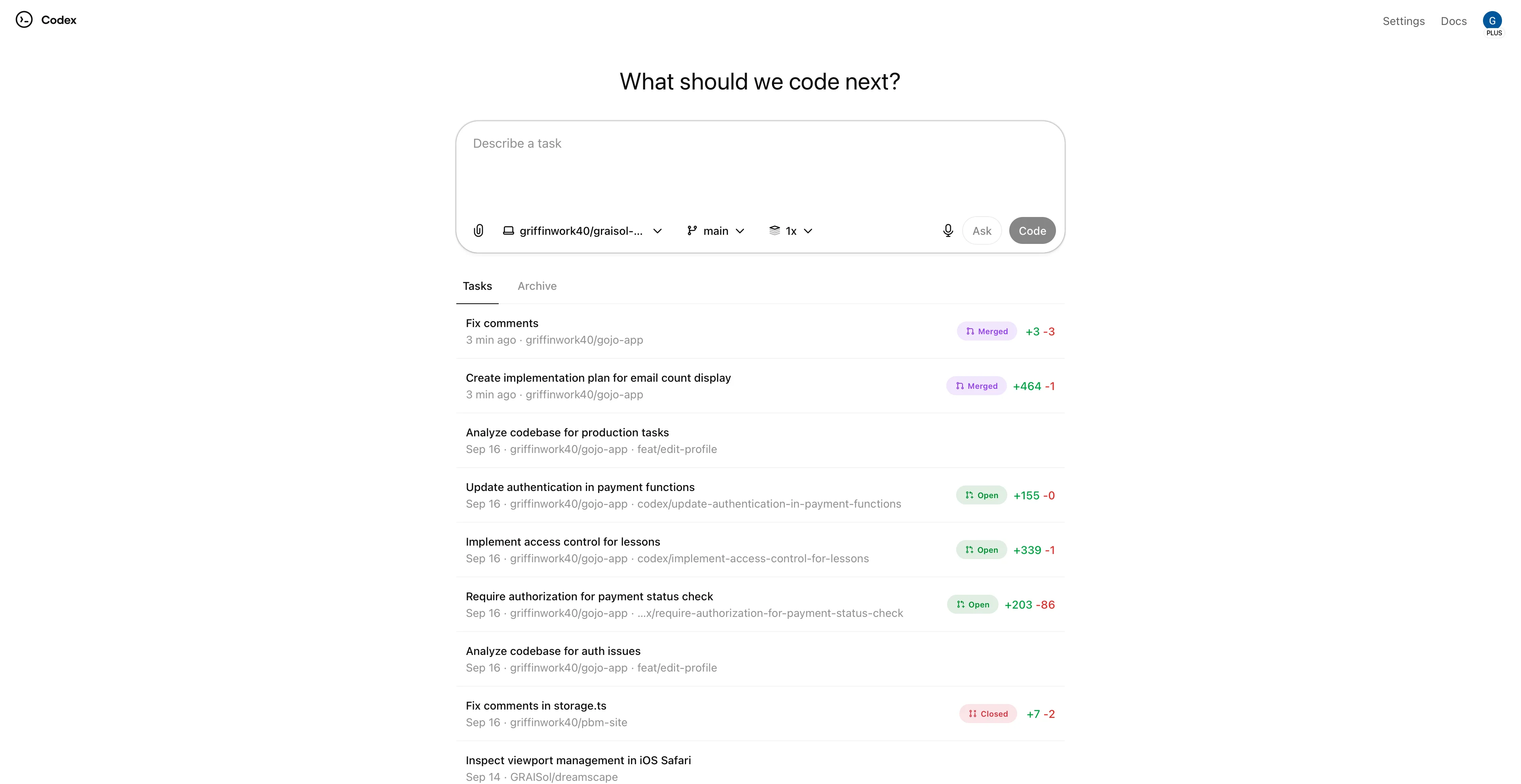 ChatGPT Codex Cloud interface displaying Ask vs Code modes and real-time terminal logs