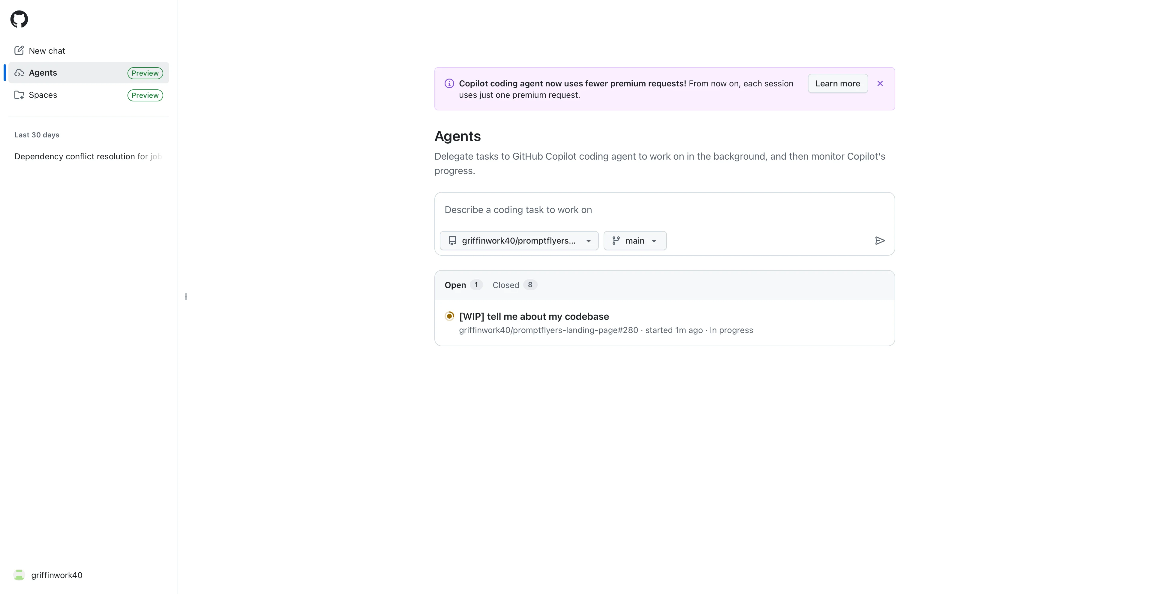 GitHub Copilot agent dashboard with task queue and concurrent run management