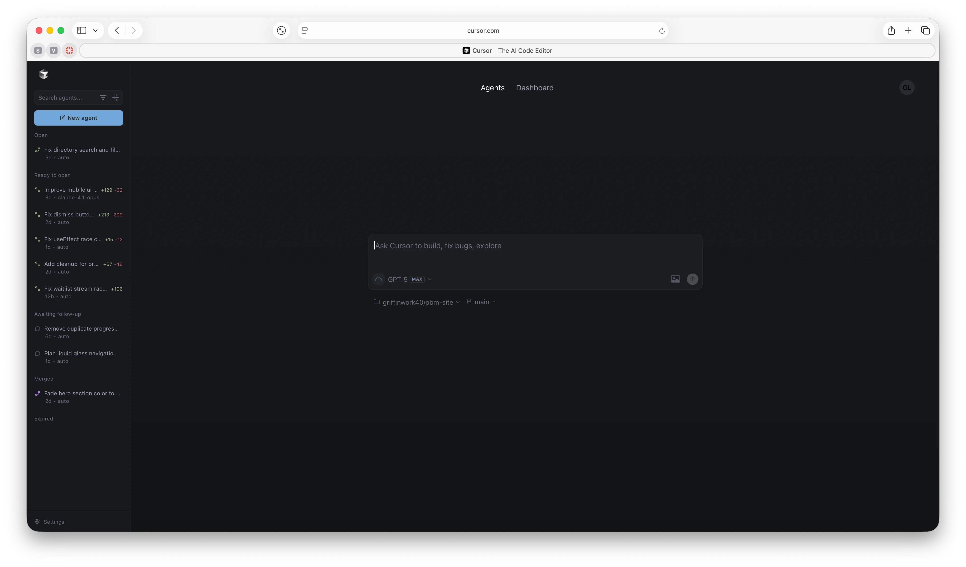 Cursor background agent dashboard interface showing live control panel and multi-agent management